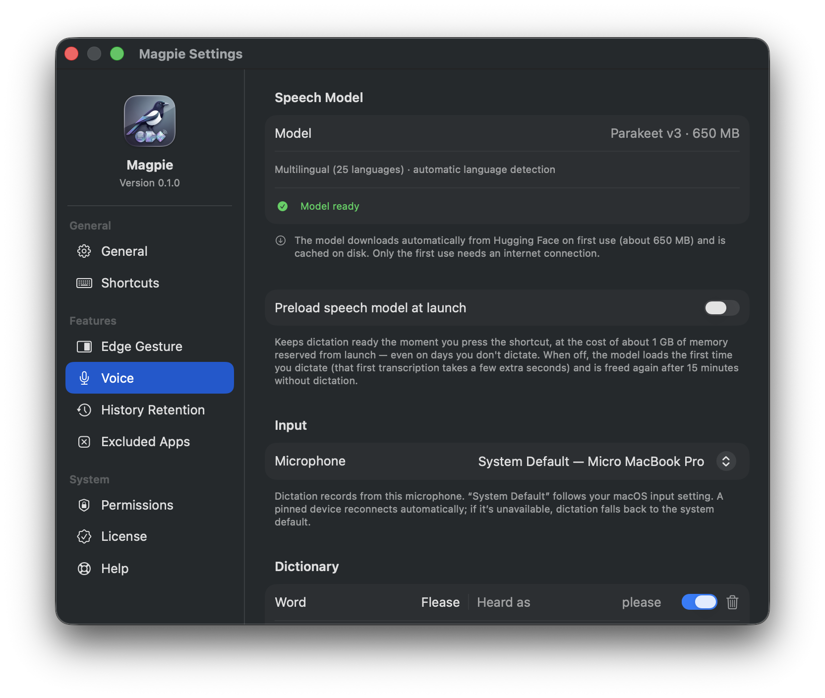 Voice settings — on-device Parakeet model, mic picker, and dictionary