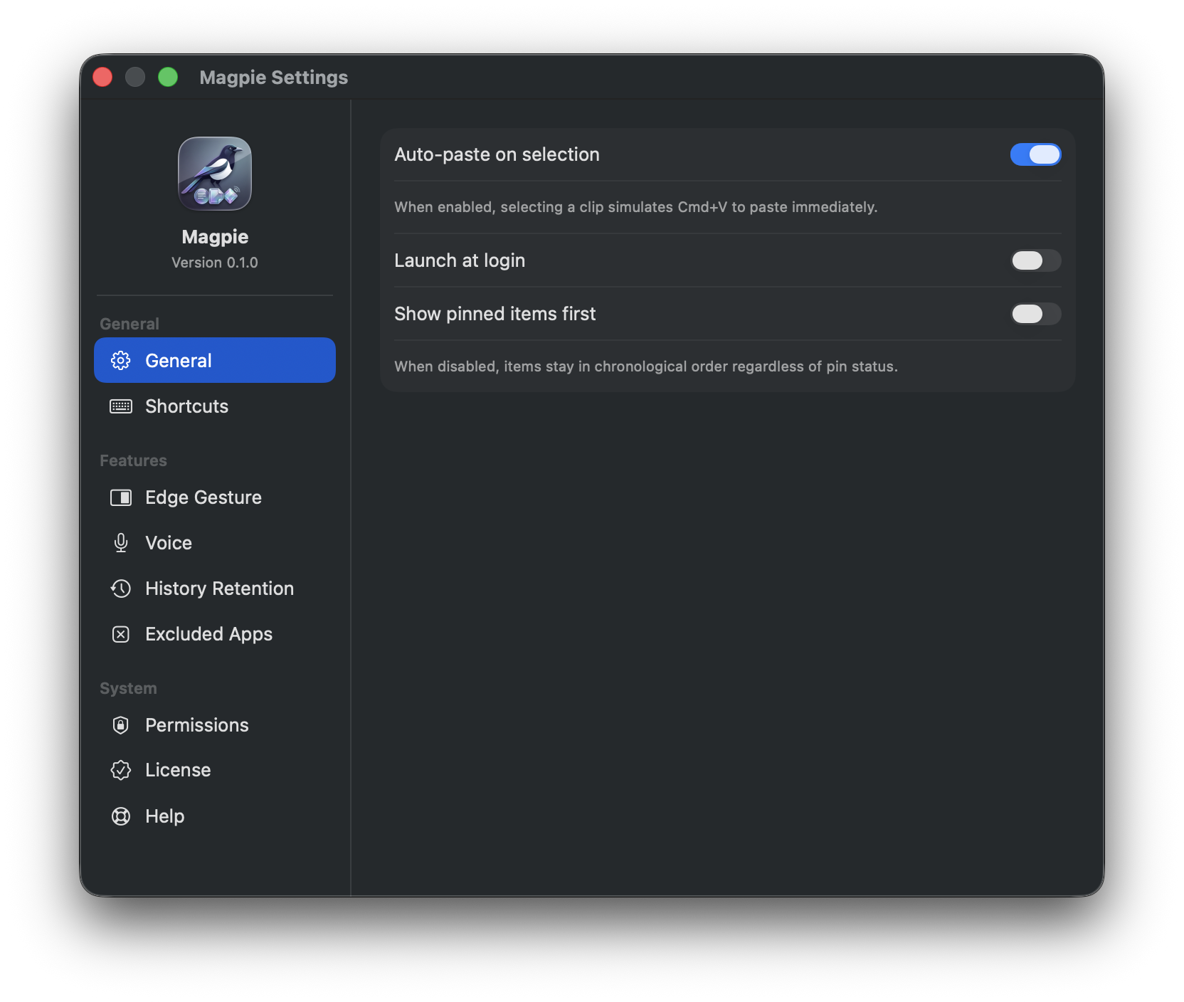 Jackdaw settings — auto-paste, launch at login, and pinned items